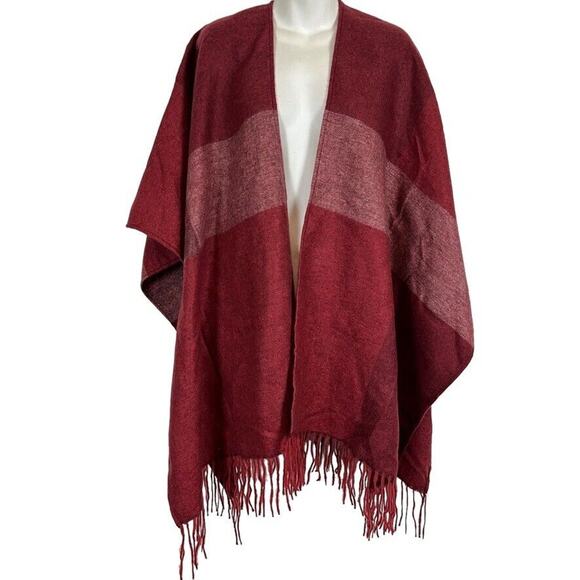 Woolrich Womens Red Fringe Poncho Cape Wide Stripe Open Jacket Cardigan O/S - Picture 1 of 16